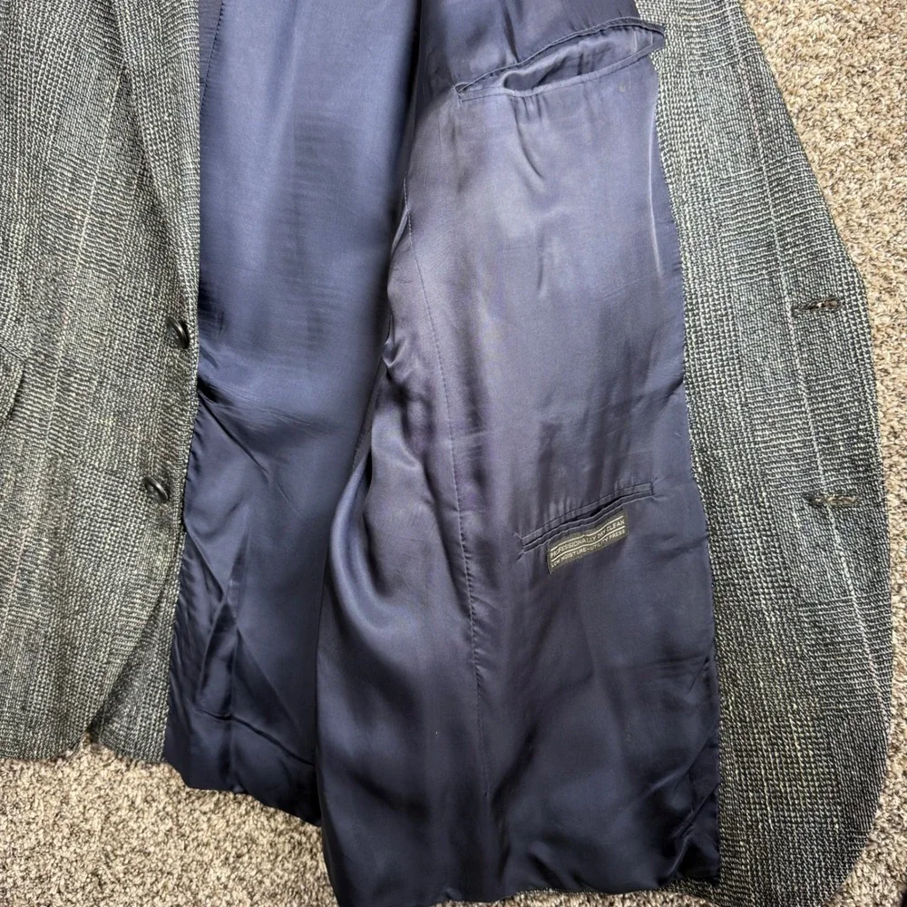 Stafford Executive Mens 100% Silk‎ Blazer Sport Coat Blue Grey Plaid 43R Texture